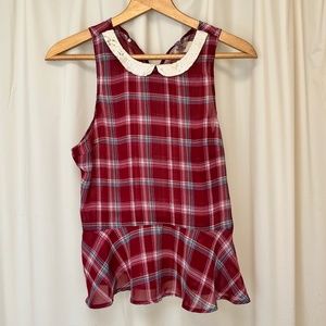 Hollister red plaid peplum sleeveless Peter Pan collar blouse nwot